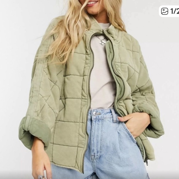 Free People Quilted Bomber Jacket in Sage - Picture 2 of 5